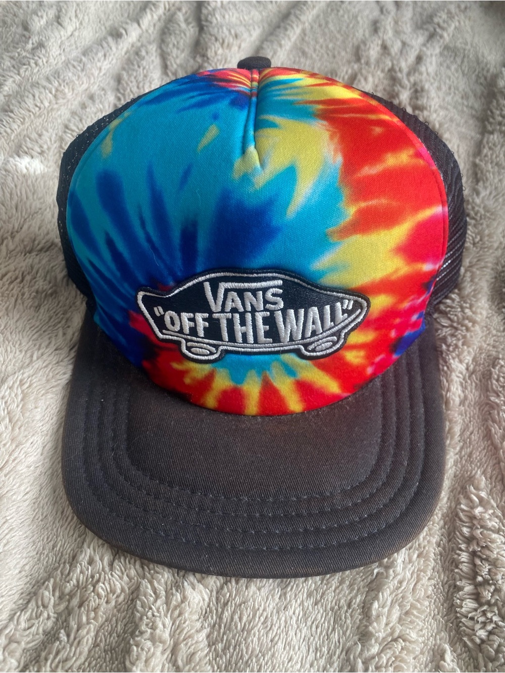 Vans Tie-Dye Trucker Cap in Blue, Yellow & Red with Black Brim